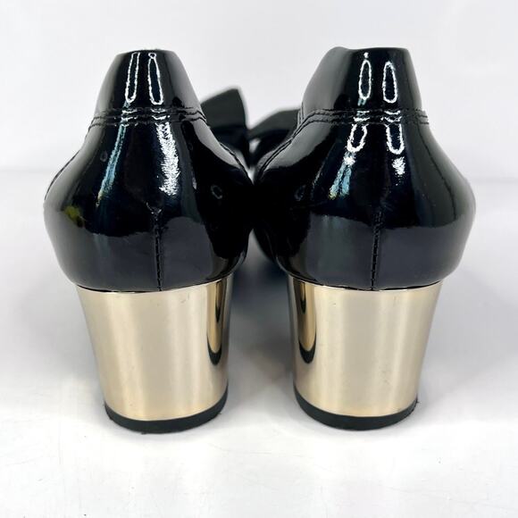Hogan Size 5 Leather Pump Gold Tone Metallic Block Heel, Fabric Bow Metal Edges - Picture 6 of 15